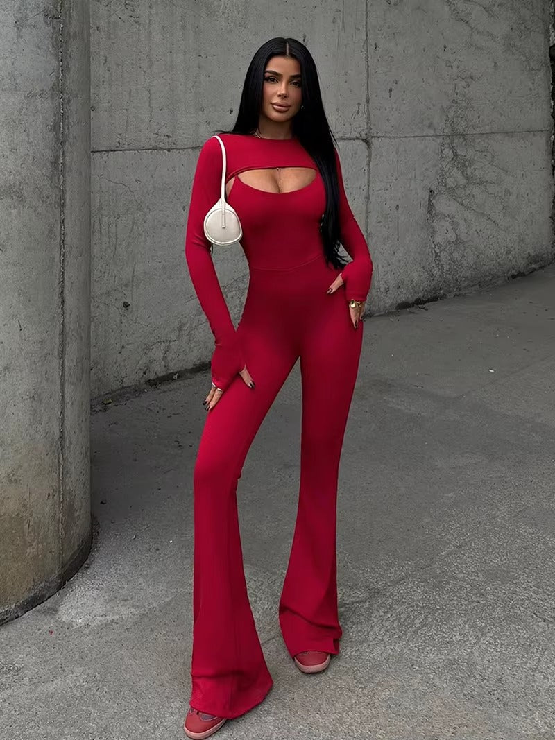 Elegant Long Sleeve Shawl Hollow Out Jumpsuits Two Piece Sets Mssza