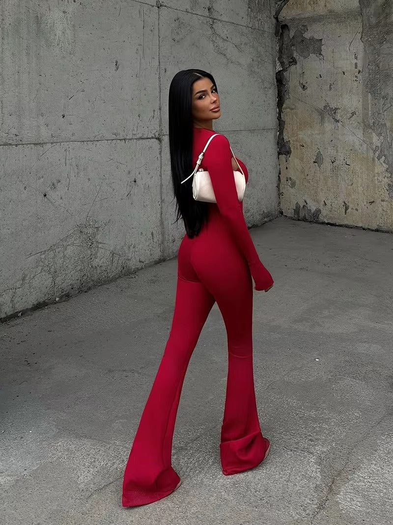 Elegant Long Sleeve Shawl Hollow Out Jumpsuits Two Piece Sets Mssza
