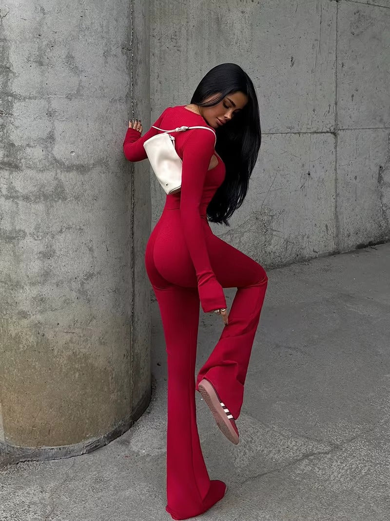 Elegant Long Sleeve Shawl Hollow Out Jumpsuits Two Piece Sets Mssza