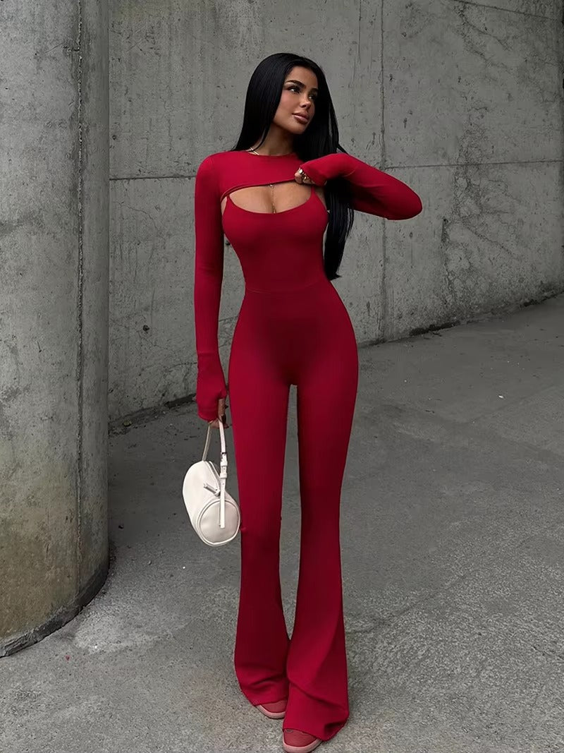 Elegant Long Sleeve Shawl Hollow Out Jumpsuits Two Piece Sets Mssza