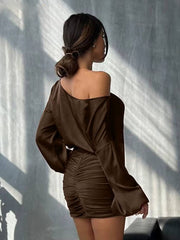 Elegant Long Sleeve Shirt With High Waist Bodycon Mini Skirt Two Pieces Set Mssza