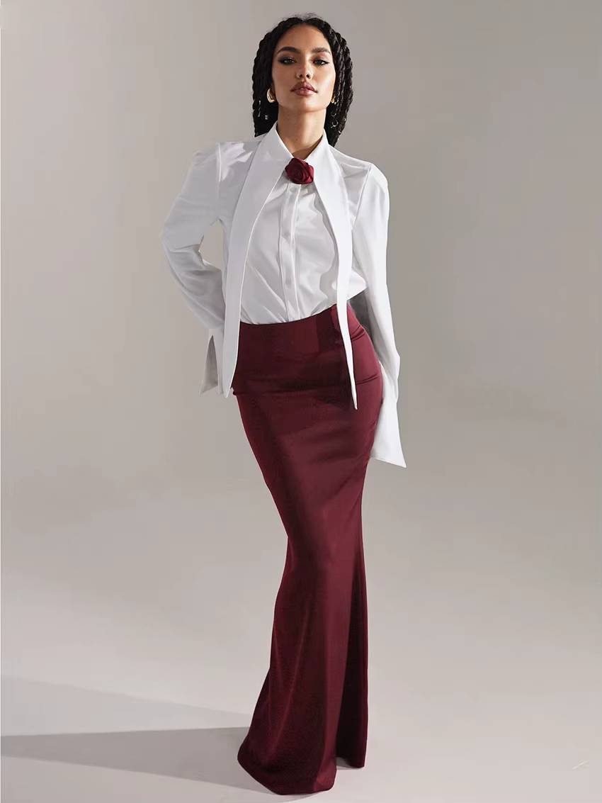 Elegant Long Sleeve Shirt With High Waist Maxi Skirt Two Pieces Set Mssza