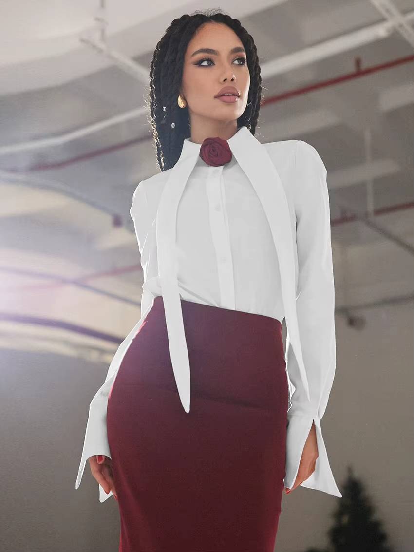Elegant Long Sleeve Shirt With High Waist Maxi Skirt Two Pieces Set Mssza