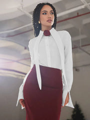 Elegant Long Sleeve Shirt With High Waist Maxi Skirt Two Pieces Set Mssza