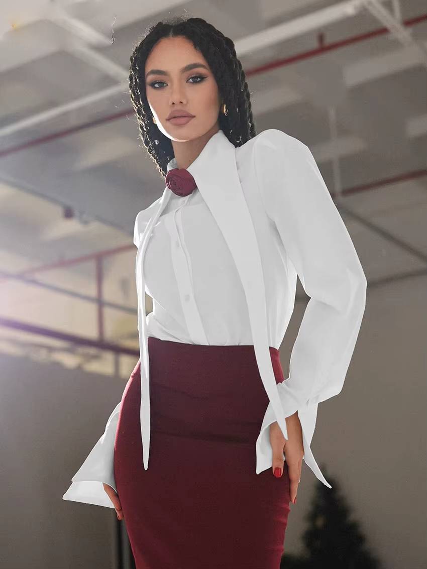 Elegant Long Sleeve Shirt With High Waist Maxi Skirt Two Pieces Set Mssza