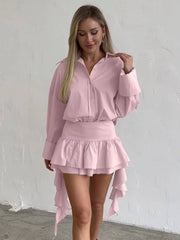Elegant Long Sleeve Shirt With High Waist Pleated Mini Skirt 2 Pieces Set Mssza