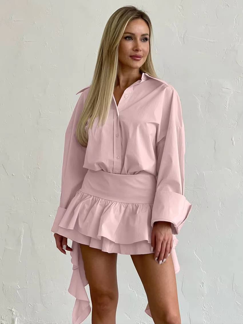 Elegant Long Sleeve Shirt With High Waist Pleated Mini Skirt 2 Pieces Set Mssza