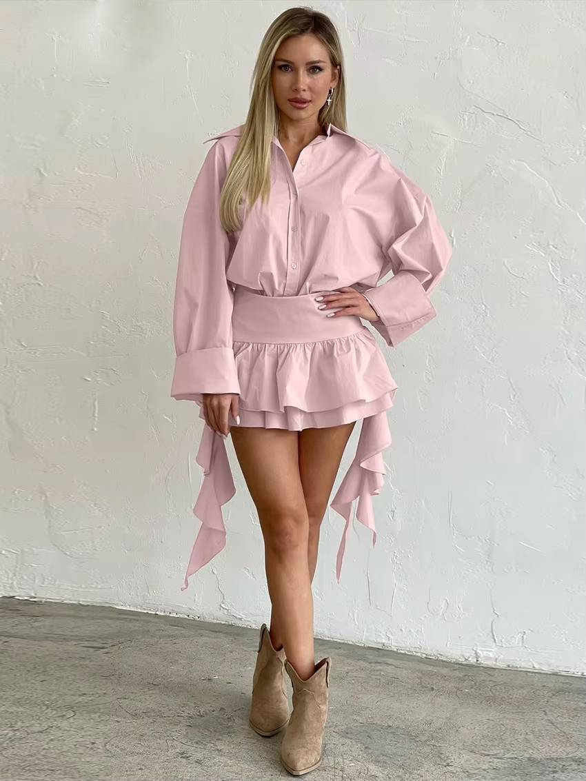 Elegant Long Sleeve Shirt With High Waist Pleated Mini Skirt 2 Pieces Set Mssza