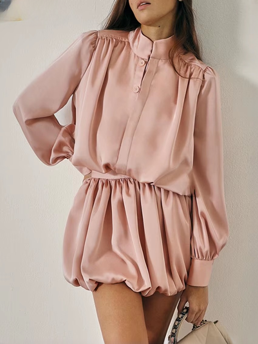 Elegant Long Sleeve Shirt With High Waist Pleated Mini Skirt Two Pieces Set Mssza