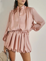 Elegant Long Sleeve Shirt With High Waist Pleated Mini Skirt Two Pieces Set Mssza