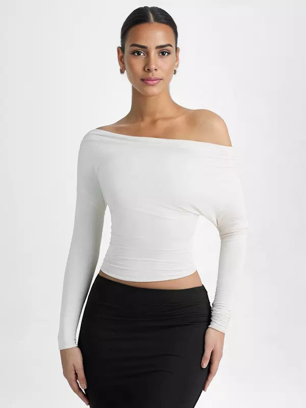Elegant Long Sleeve Spring One-Shoulder Ruched Top T-shirt Mssza