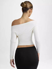 Elegant Long Sleeve Spring One-Shoulder Ruched Top T-shirt Mssza