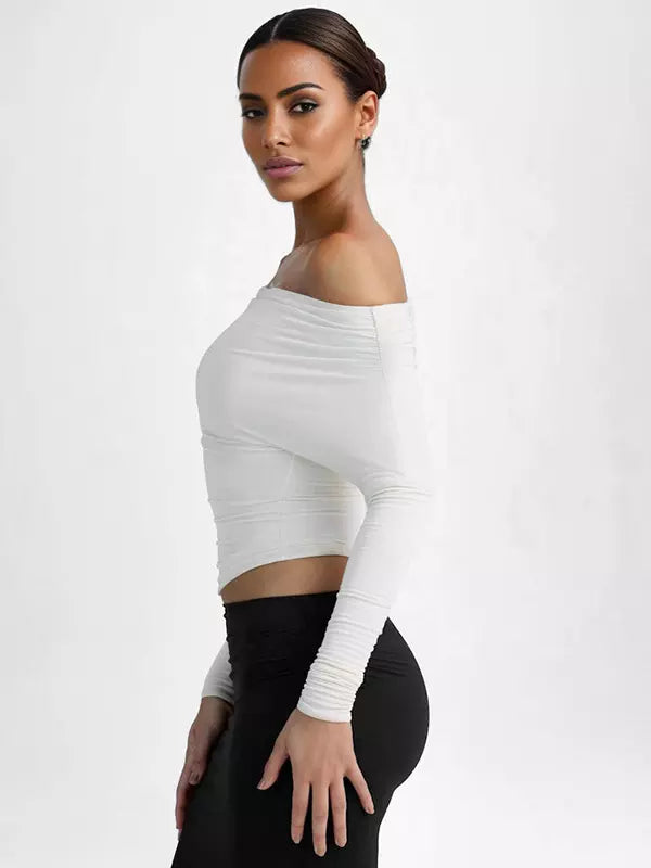 Elegant Long Sleeve Spring One-Shoulder Ruched Top T-shirt Mssza