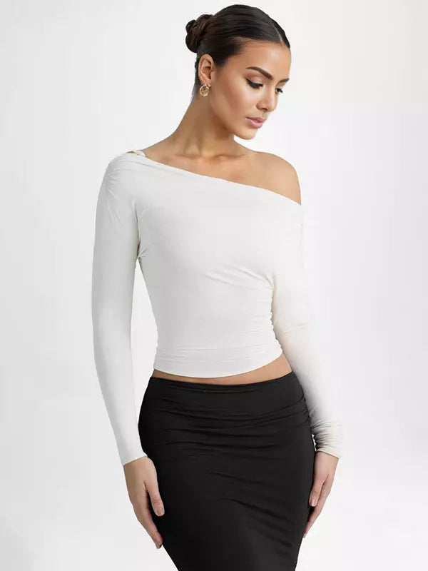 Elegant Long Sleeve Spring One-Shoulder Ruched Top T-shirt Mssza