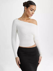Elegant Long Sleeve Spring One-Shoulder Ruched Top T-shirt Mssza