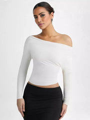 Elegant Long Sleeve Spring One-Shoulder Ruched Top T-shirt Mssza