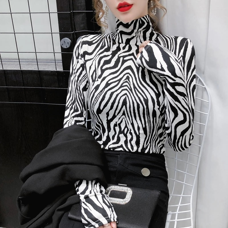 Elegant  Long Sleeve Striped Turtleneck Top Mssza