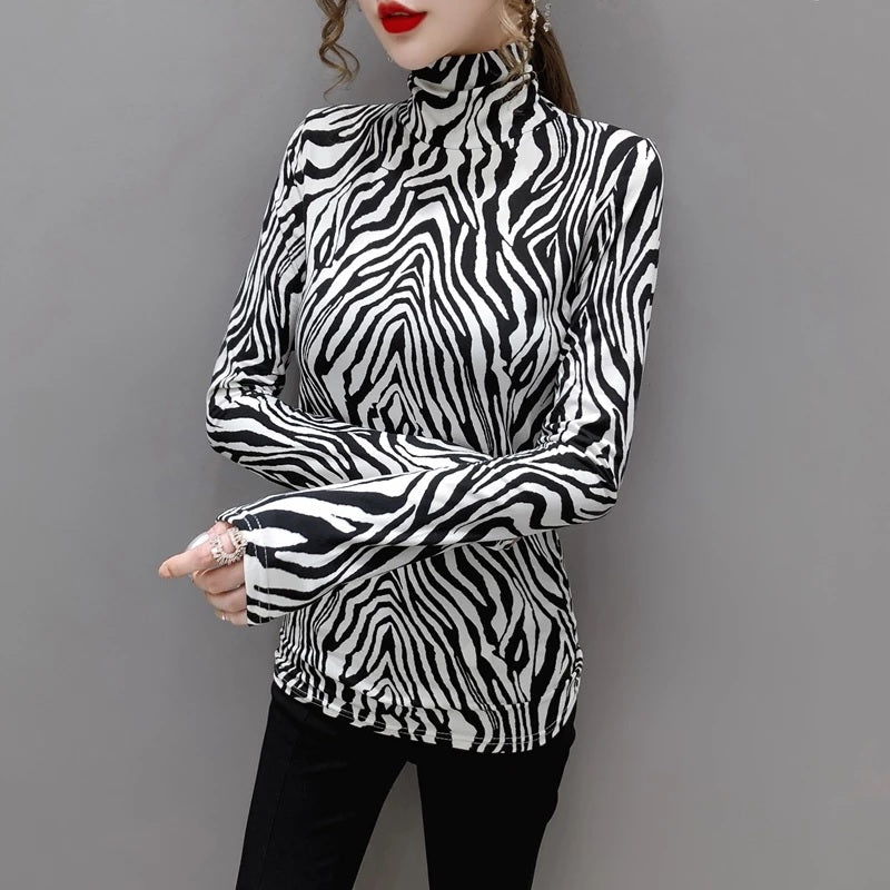 Elegant  Long Sleeve Striped Turtleneck Top Mssza