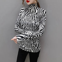Elegant  Long Sleeve Striped Turtleneck Top Mssza