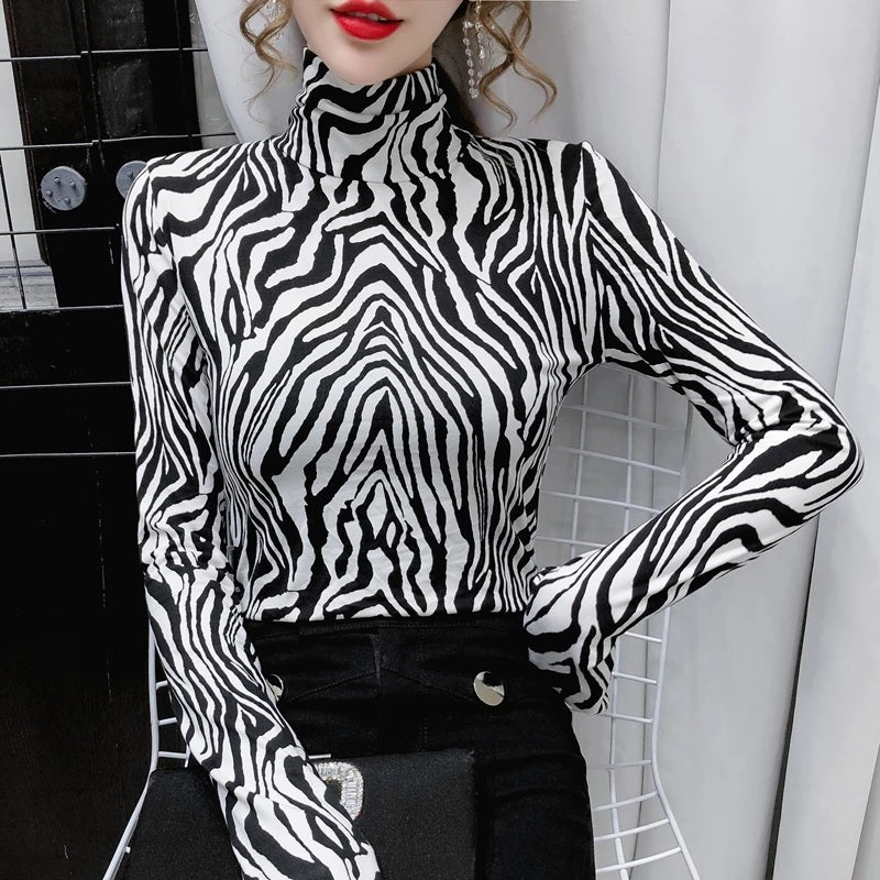 Elegant  Long Sleeve Striped Turtleneck Top Mssza
