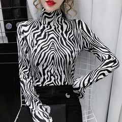 Elegant  Long Sleeve Striped Turtleneck Top Mssza