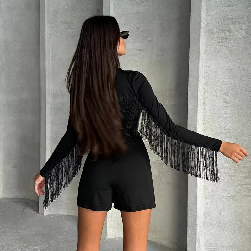 Elegant Long Sleeve Tassel Slim Fit Slight Stretch Rompers Mssza