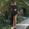 Elegant Long Sleeved Hollow Out Irregular High Neck Top Skirt 2 Piece Set Mssza