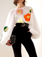 Elegant Pleated Flower Print Long Sleeves Loose Blouses shirts Tops Mssza