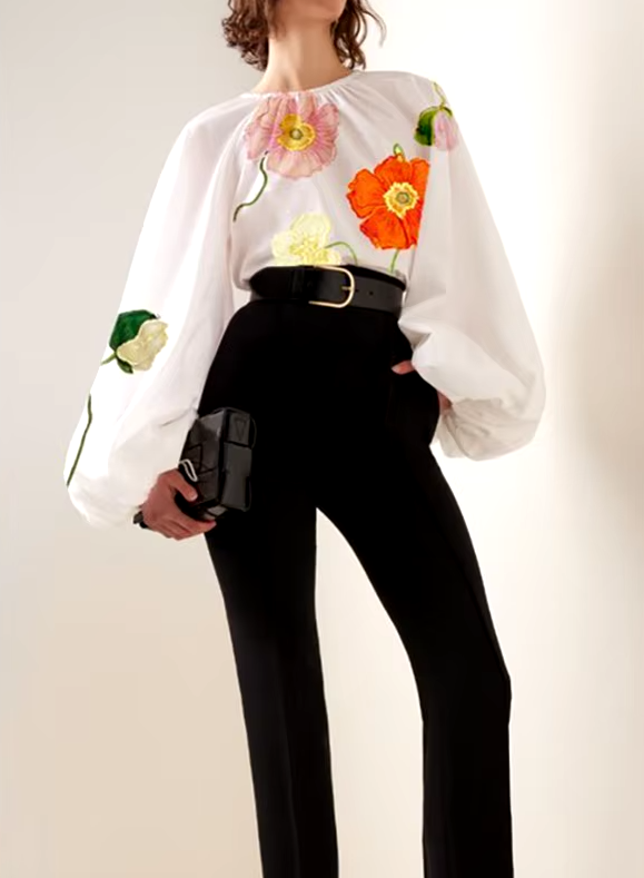 Elegant Pleated Flower Print Long Sleeves Loose Blouses shirts Tops Mssza