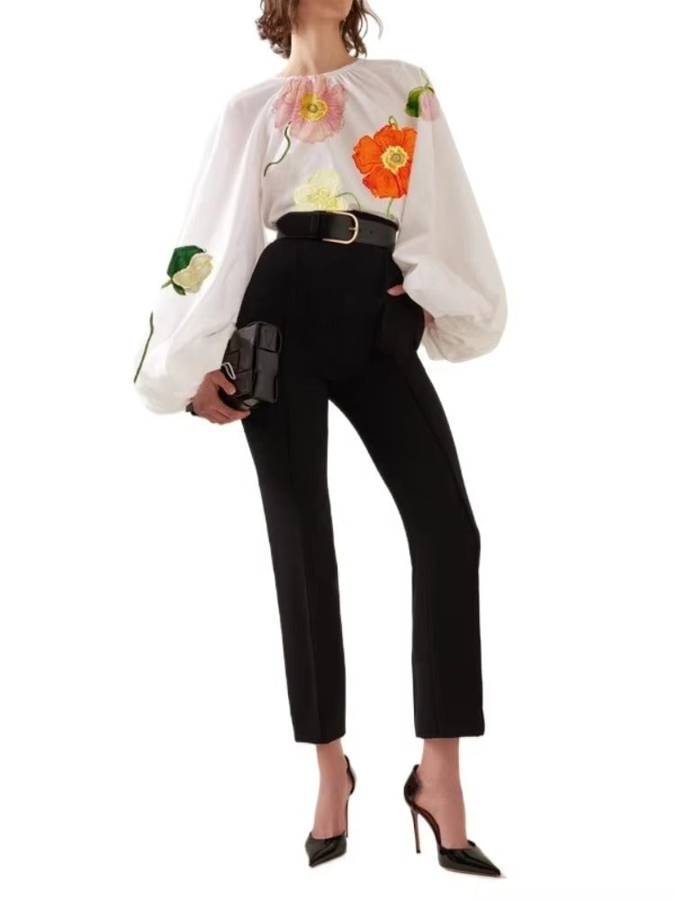 Elegant Pleated Flower Print Long Sleeves Loose Blouses shirts Tops Mssza