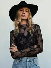 Elegant Long Sleeves Tees Violet Lace Jewel Neck T Shirt Mssza