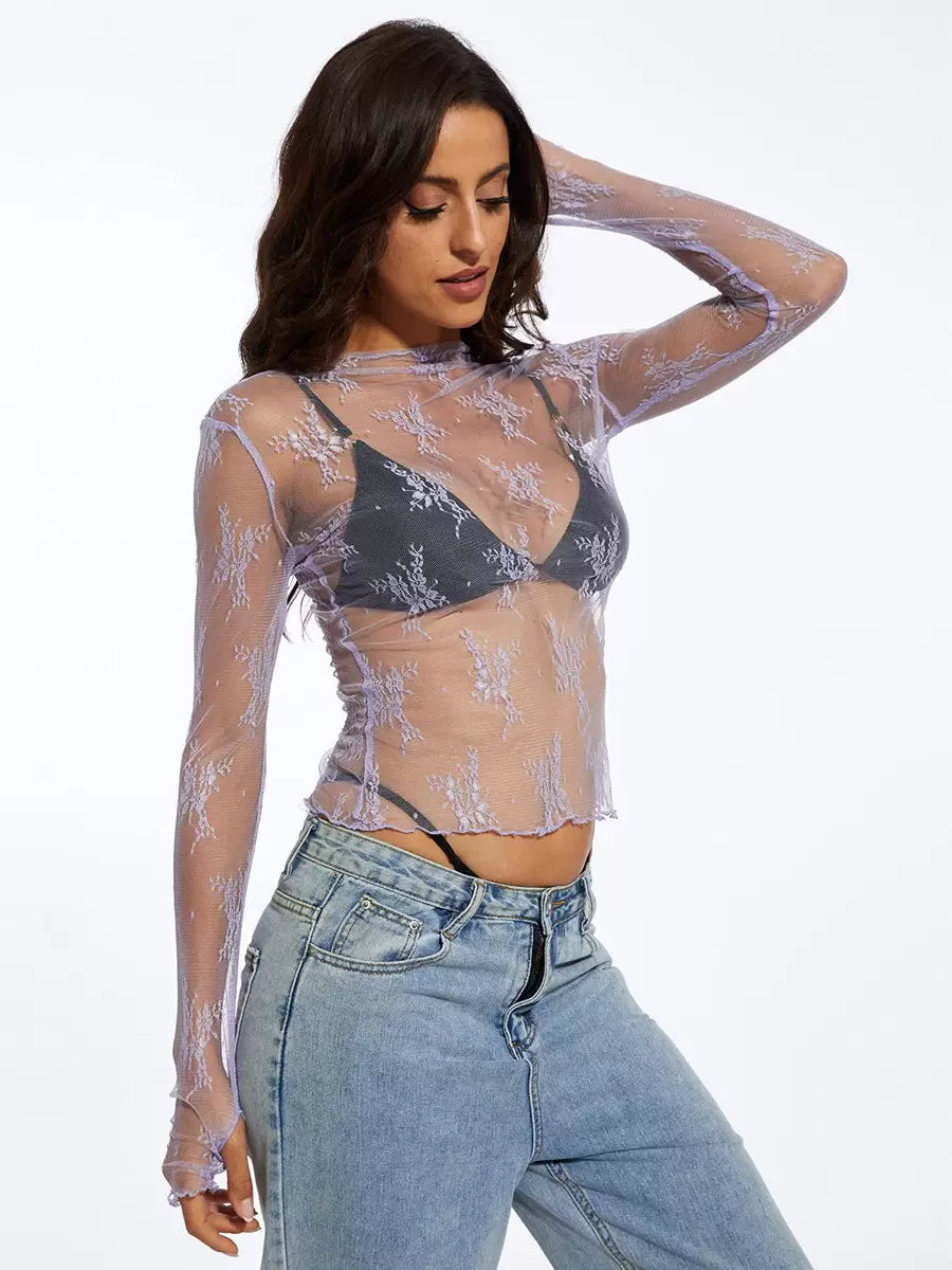 Elegant Long Sleeves Tees Violet Lace Jewel Neck T Shirt Mssza