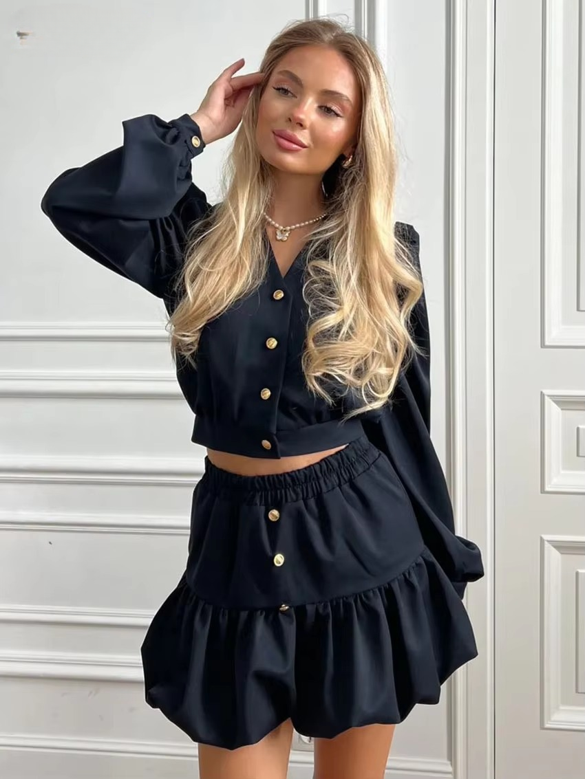 Elegant Crop Top With High Waist Mini Skirt Loose Cotton 2 Piece Set Mssza