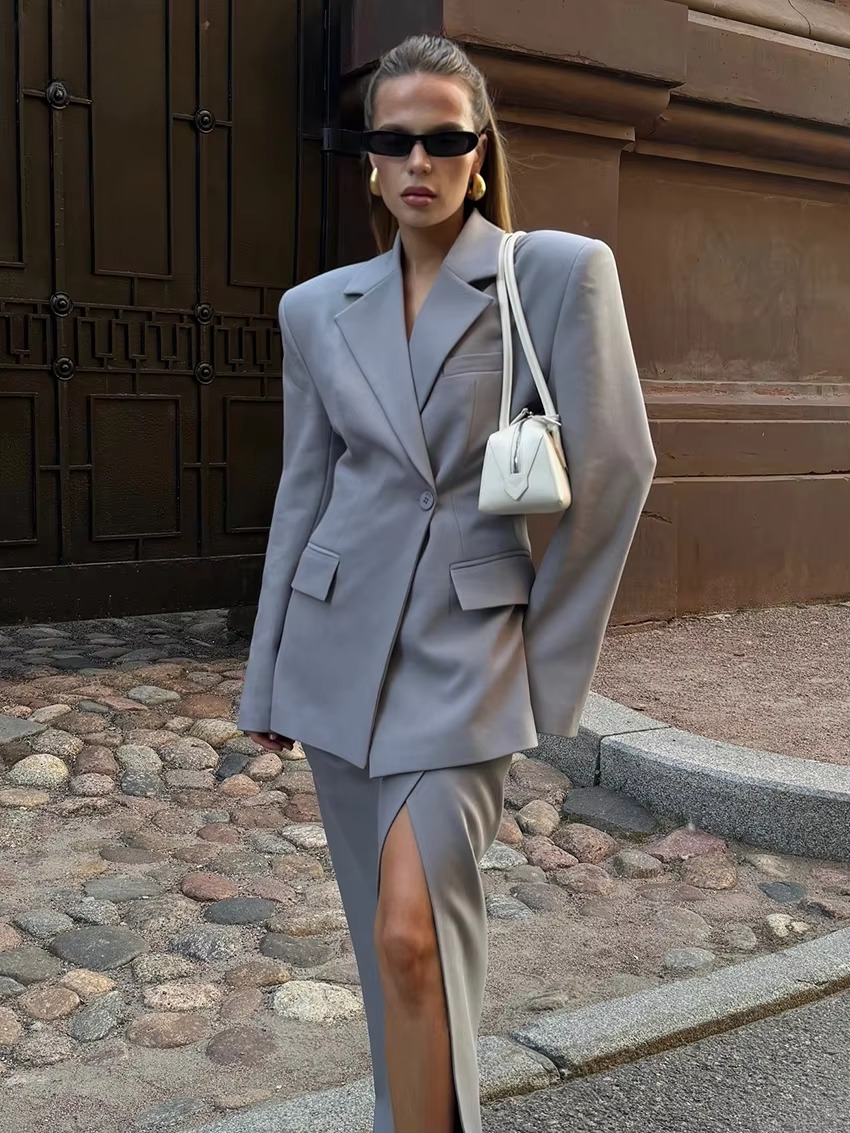 Elegant Loose Blazer With High Waist Slit Long Skirt 2 Piece Sets Mssza