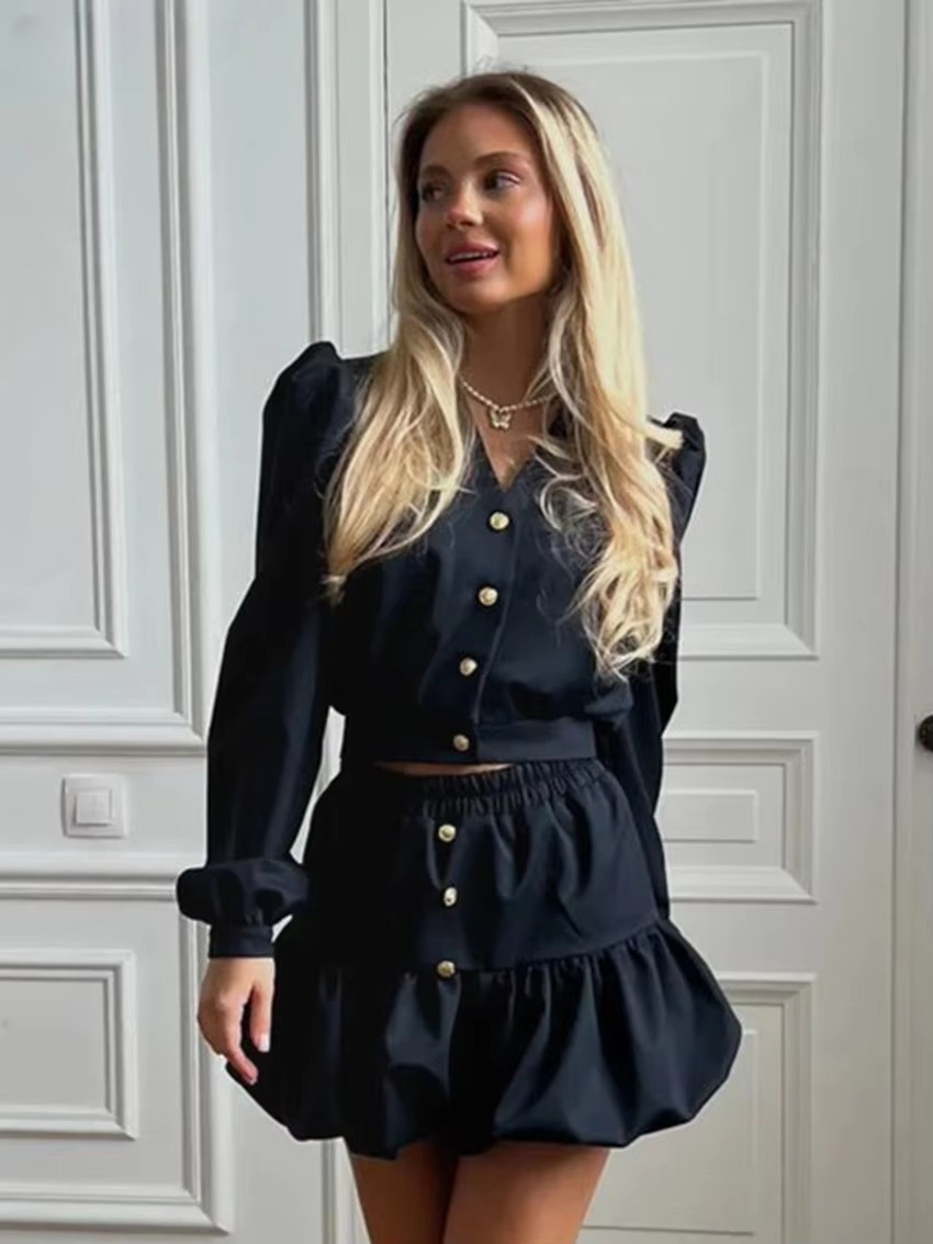 Elegant Crop Top With High Waist Mini Skirt Loose Cotton 2 Piece Set Mssza