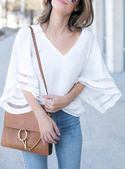 Elegant Loose Fitting Bell Sleeves Mesh Inserts Blouse Mssza