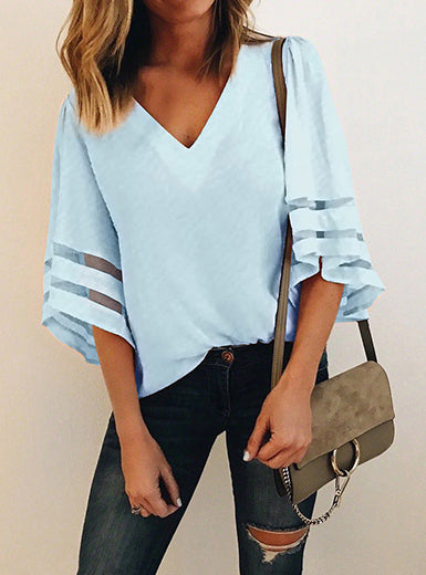 Elegant Loose Fitting Bell Sleeves Mesh Inserts Blouse Mssza