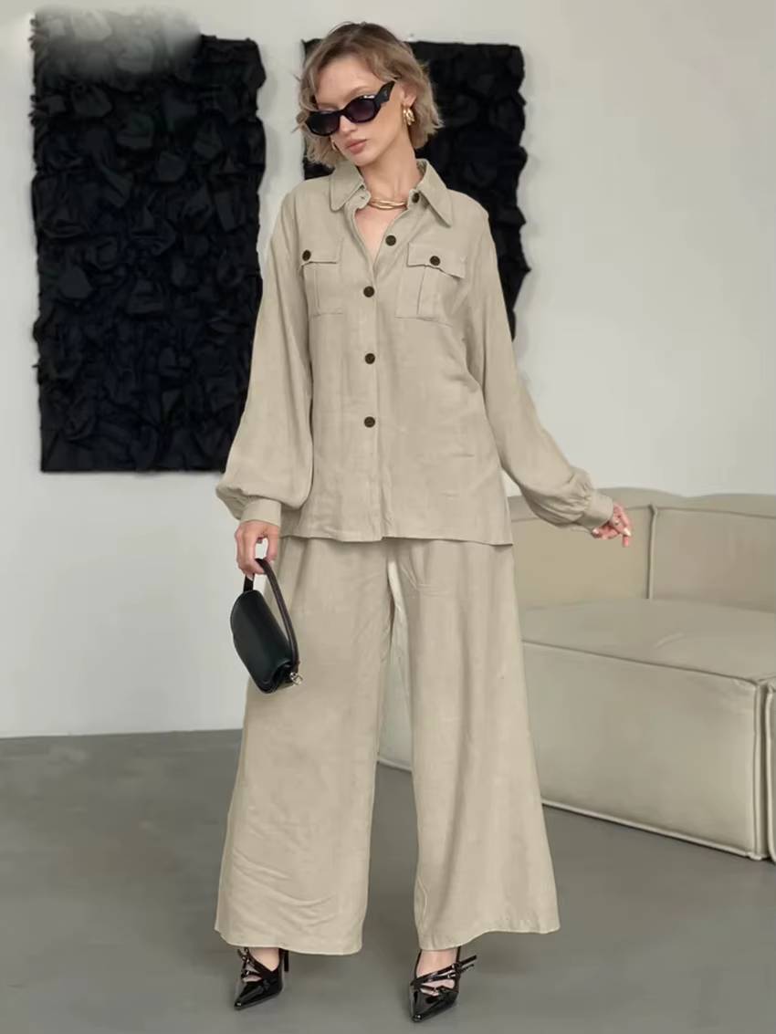 Elegant Loose Long Sleeve Blouse With High Waist Wide Pants 2 Piece Sets Mssza