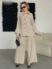 Elegant Loose Long Sleeve Blouse With High Waist Wide Pants 2 Piece Sets Mssza