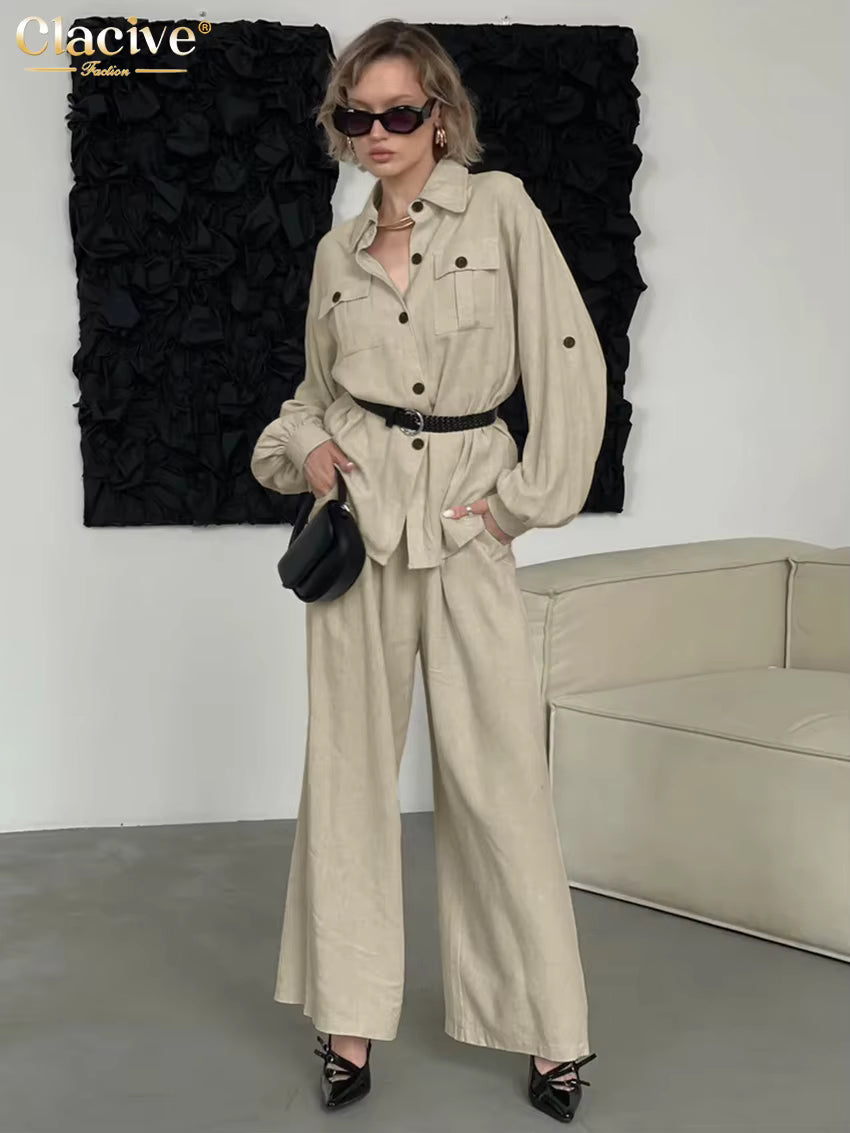 Elegant Loose Long Sleeve Blouse With High Waist Wide Pants 2 Piece Sets Mssza