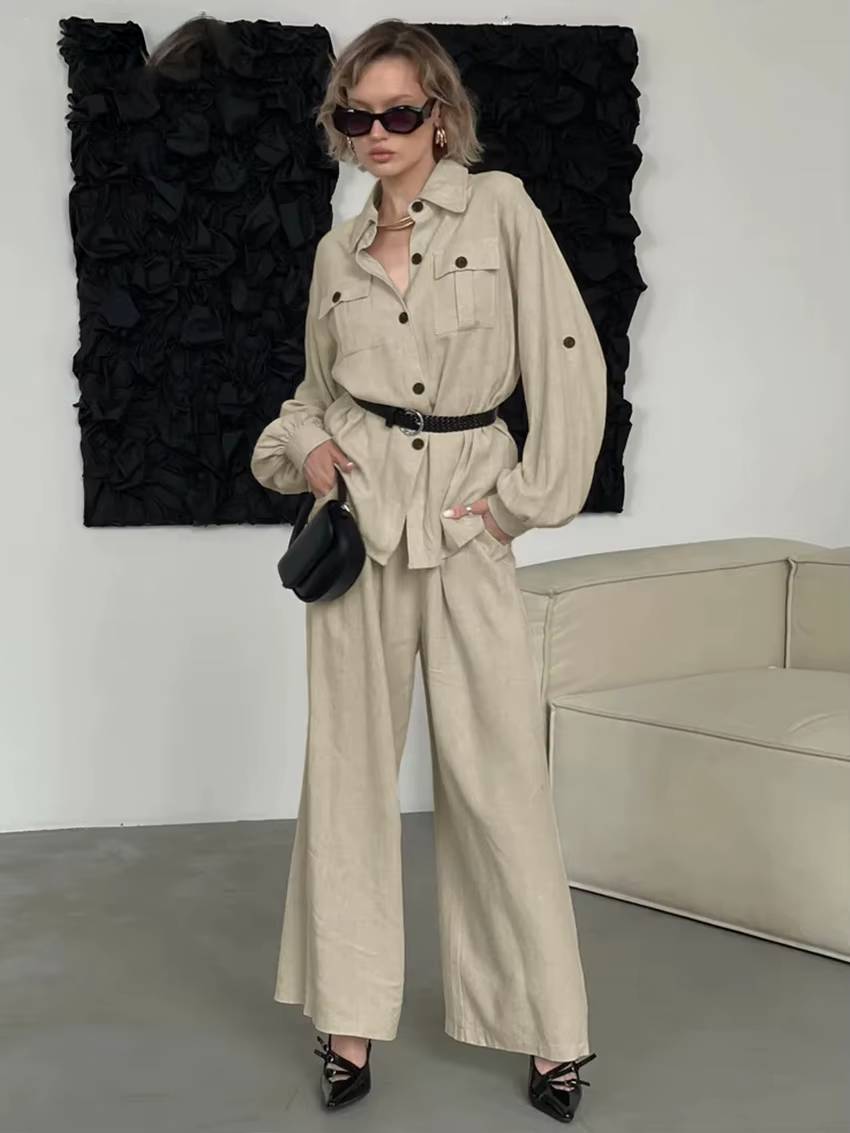 Elegant Loose Long Sleeve Blouse With High Waist Wide Pants 2 Piece Sets Mssza