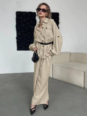 Elegant Loose Long Sleeve Blouse With High Waist Wide Pants 2 Piece Sets Mssza