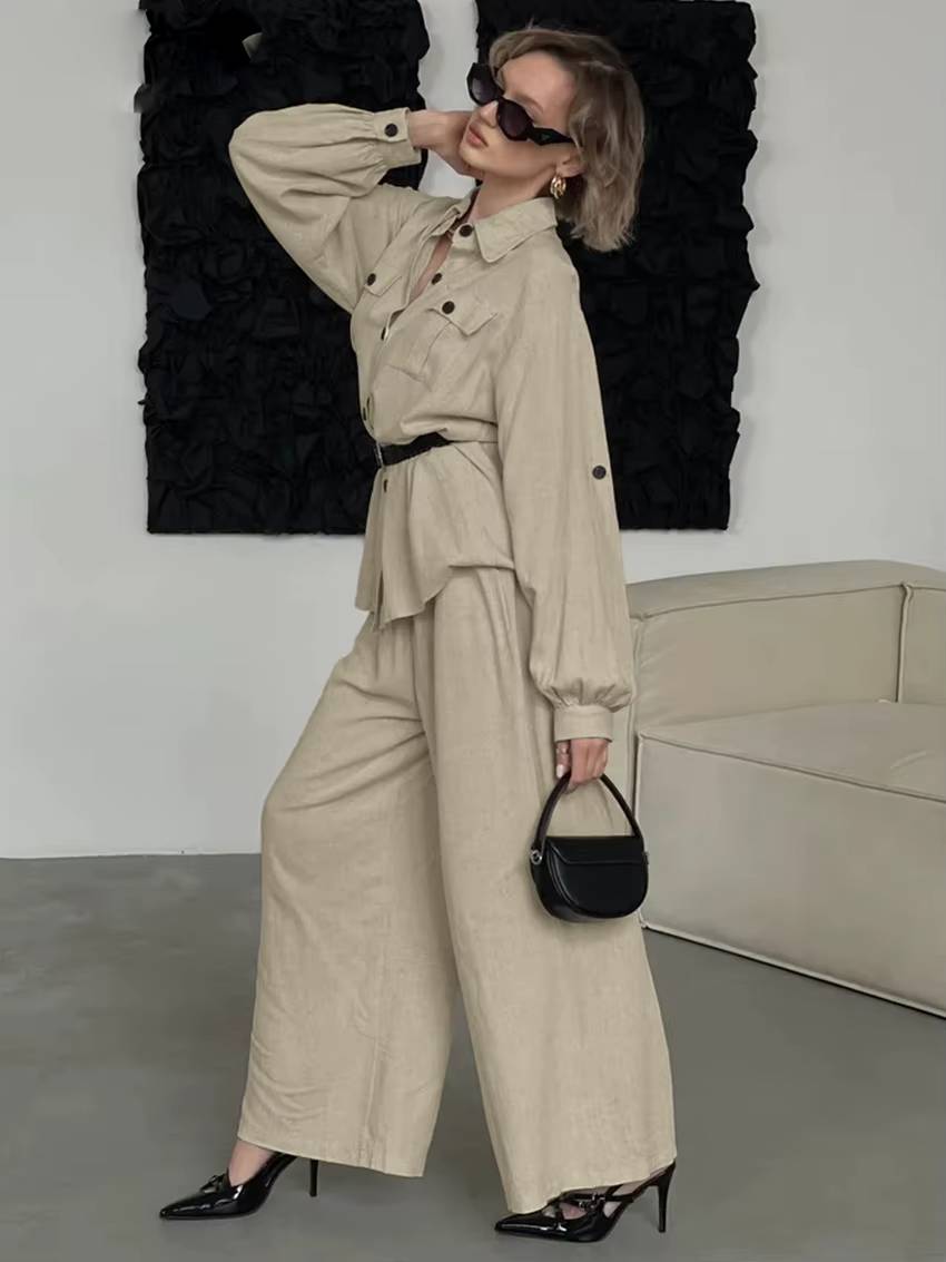 Elegant Loose Long Sleeve Blouse With High Waist Wide Pants 2 Piece Sets Mssza