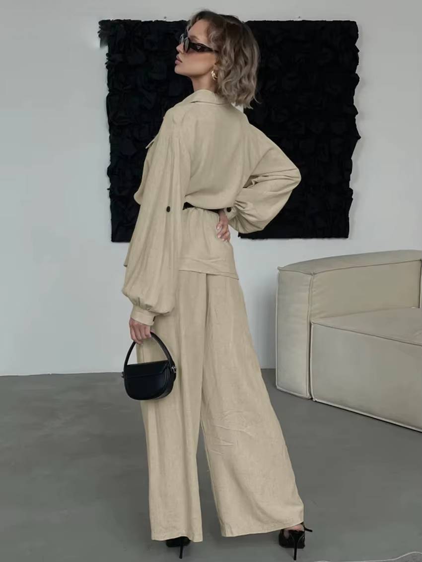 Elegant Loose Long Sleeve Blouse With High Waist Wide Pants 2 Piece Sets Mssza