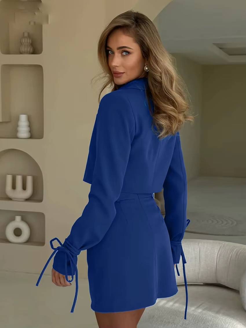 Elegant Loose Long Sleeve Crop Top With High Waist Mini Skirt 2 Pieces Set Mssza