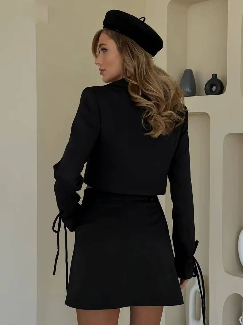 Elegant Loose Long Sleeve Crop Top With High Waist Mini Skirt 2 Pieces Set Mssza