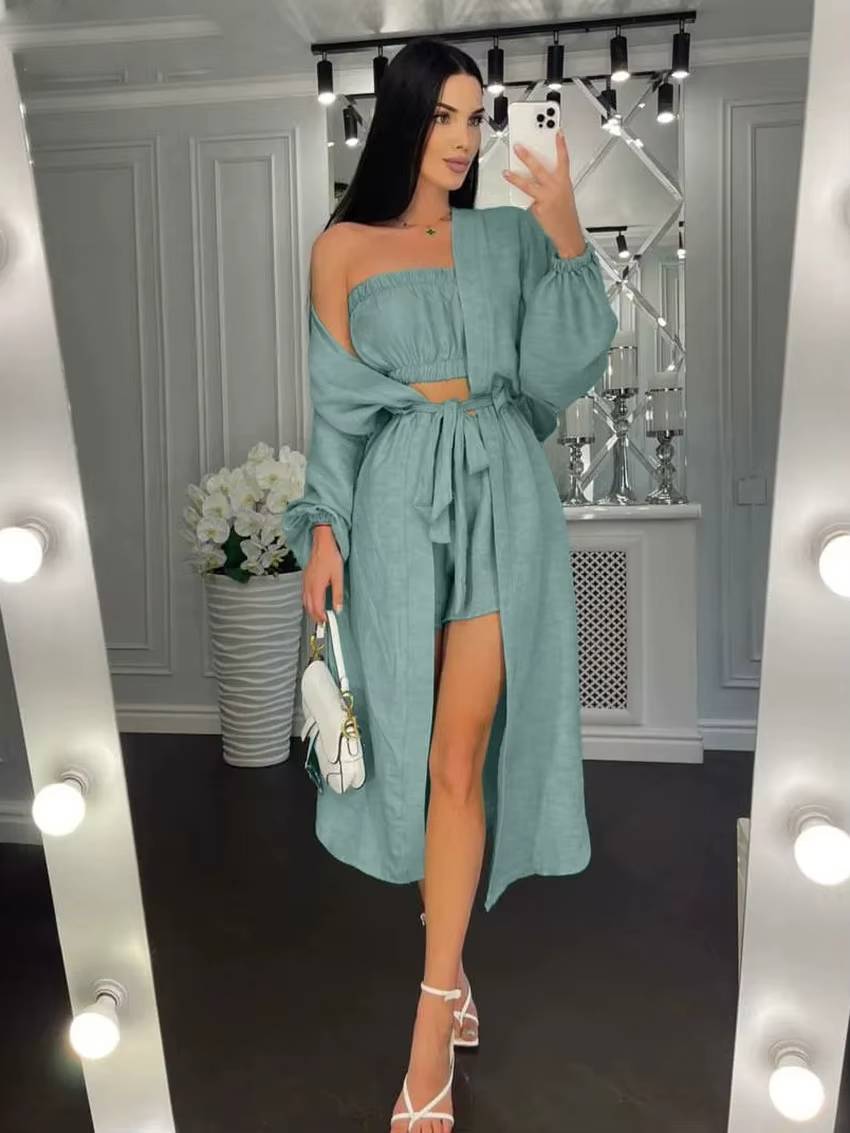 Elegant Loose Long Sleeve Robes And Tube Top With High Waist Shorts 3 Piece Sets Mssza