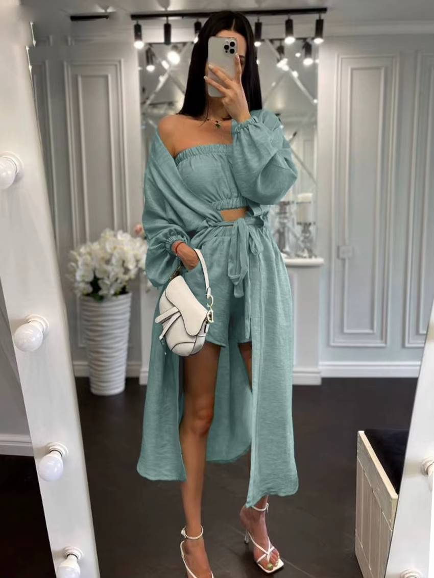 Elegant Loose Long Sleeve Robes And Tube Top With High Waist Shorts 3 Piece Sets Mssza