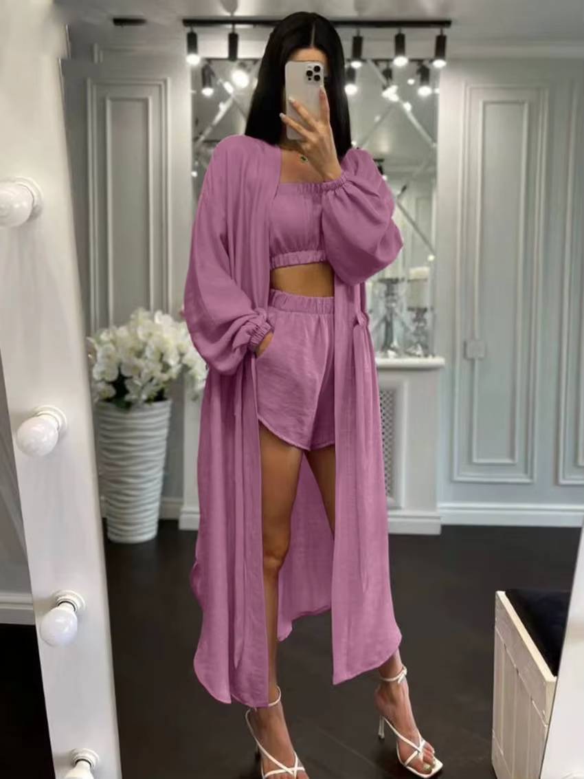 Elegant Loose Long Sleeve Robes And Tube Top With High Waist Shorts 3 Piece Sets Mssza