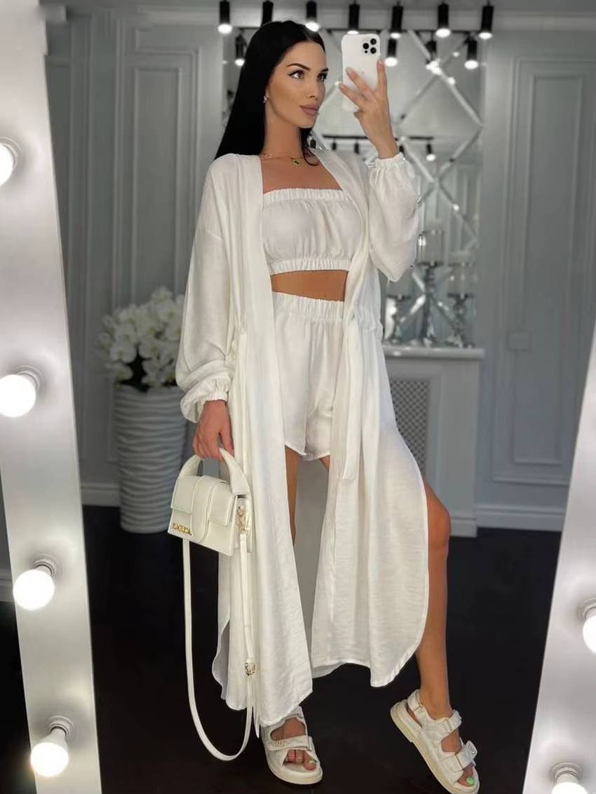 Elegant Loose Long Sleeve Robes And Tube Top With High Waist Shorts 3 Piece Sets Mssza